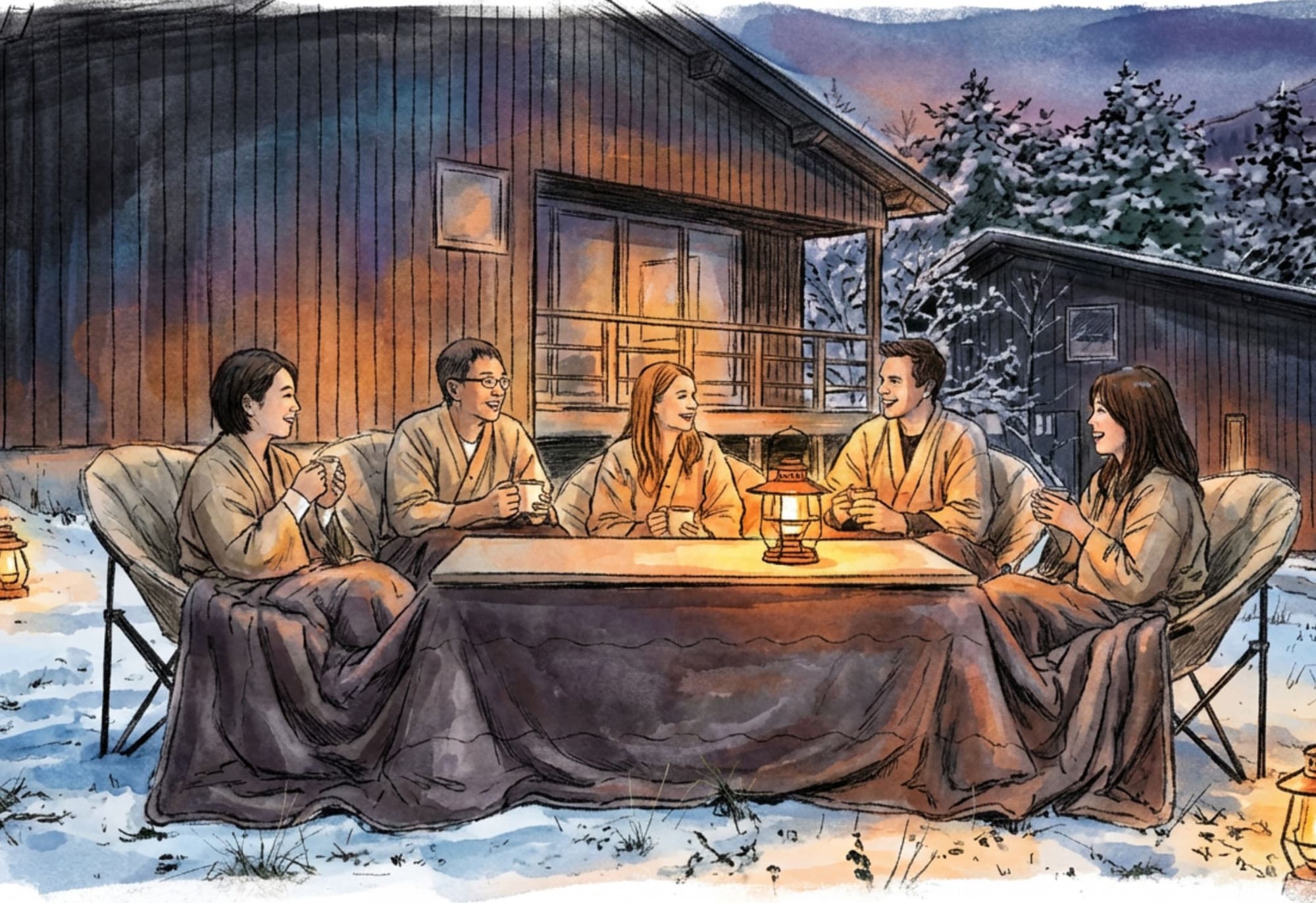 雪景色を楽しむ山小屋ロッジ旅